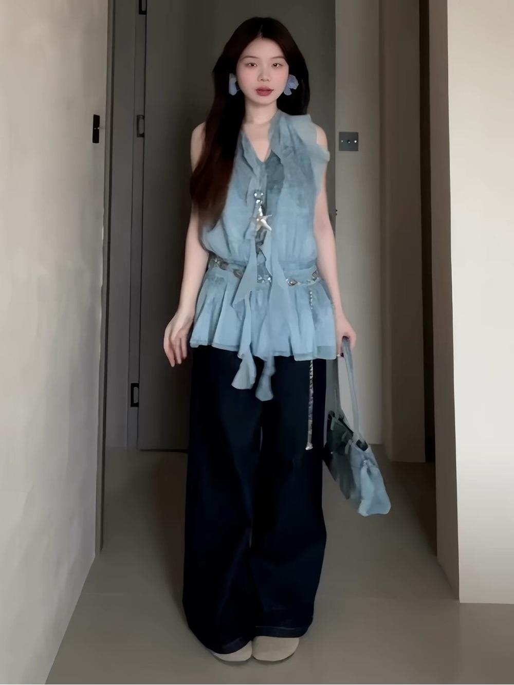 Light Blue Sleeveless Peplum Top with Wide Leg Pants